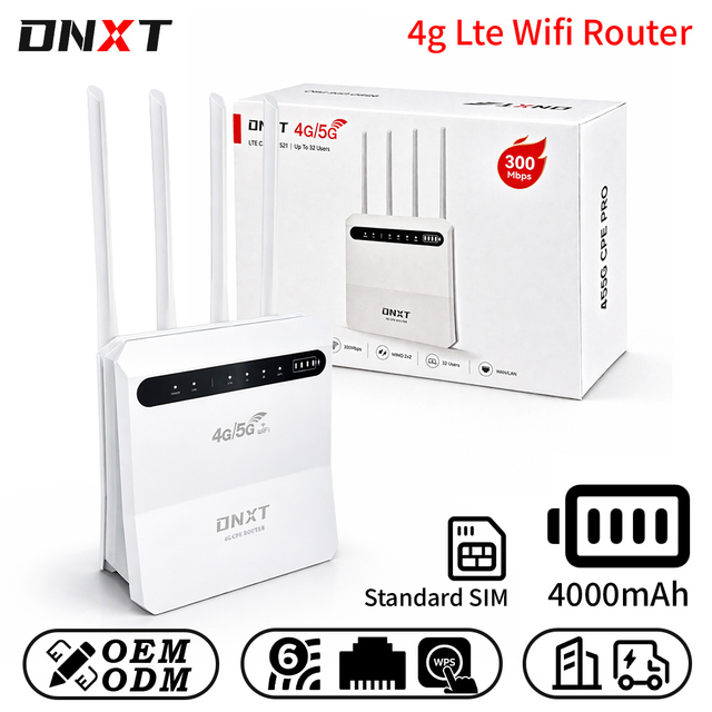 DNXT Router 4g WiFi6 300Mbps Router Wifi 6 4000mAh Cat4 2.4GHz Router Con Scheda Sim 1WAN/4LAN Svp Pour Routeur Wifi Office Use