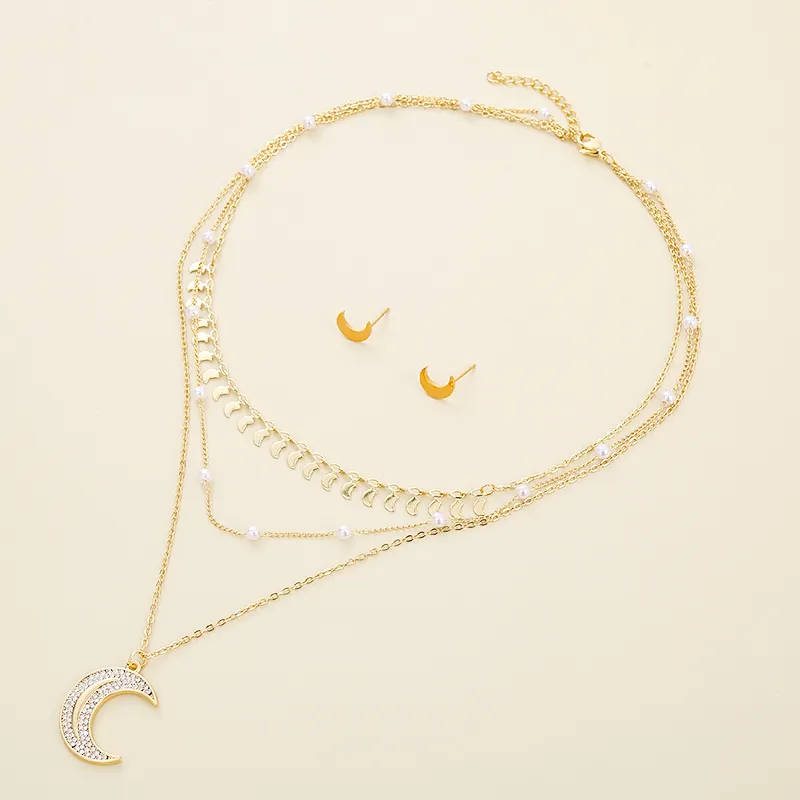 Hengyu Venta caliente 2023 Moda Original Perla Oro Collar de acero inoxidable Cristal Luna Espacio Metal Colgante Collar de lujo Mujeres
