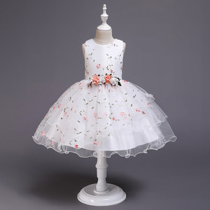Vestido de niña de las flores de tul bordado blanco, corte A, cuello redondo, estilo princesa para niños - Product Image 2
