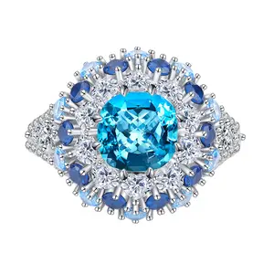 Celebrity Gems Jewelry Hot Selling S925 Silver Simulated Sea Blue Treasure Flower Core Texture Luxury Ring