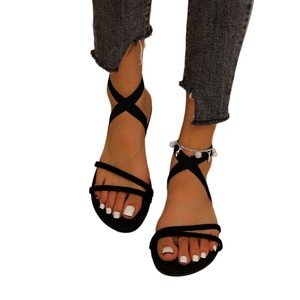 Summer Double Thin Strap Flat <b>Sandals</b> For Women <b>Elastic</b> Cross Ankle Wrap Open Toe Daily Footwear - Product Image 4