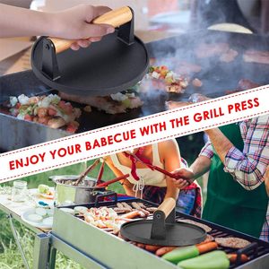 Cast Iron Grill Press with Wooden Handle Weighted Non-Stick Eco-Friendly for <b>Meat</b> Hamburger Patty Smash Burger Bacon Steak - Product Image 5