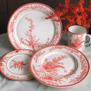 Conjunto de pratos de cerâmica para casamento, prato carregador de porcelana com estampa de flores vermelhas e conjunto de xícara de chá