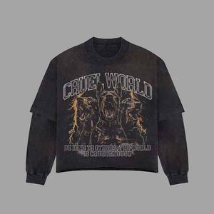 Camiseta de Manga Larga para Hombre, Estilo Grunge Y2K, Lavado Ácido, con Gráfico de Doberman CRUEL WORLD, Fabricada con Algodón Personalizado - Product Image 2