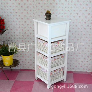 Gabinete de Almacenamiento de Madera y Ratán Blanco con 3 Compartimentos, Gabinete para Dormitorio o Sala de Estar con Cestas de Tela, Unidad de Almacenamiento con Cajones - Product Image 3