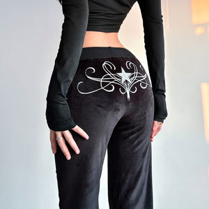 Pantalon de sport décontracté pour femme, coupe ample, patchwork en velours, devant plat, volants, style Y2K, jambe évasée basse, fermeture à cordon de serrage, écoresponsable - Product Image 2