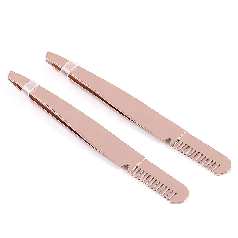 Amazon HOT Golden oblique mouth tweezers eyebrow makeup tool with comb stainless steel sharp-nose eyebrow clip