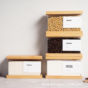 Caja de almacenamiento cuadrada de madera maciza con tapa de madera para granos, café, azúcar, proteína en polvo, contenedor de alimentos - Product Image 1
