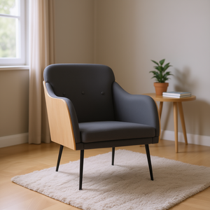 Poltrona Media in Tessuto Grigio Scuro 100% Poliestere, Sedia da Soggiorno con Gambe in Metallo e Telaio in Compensato, Stile Mid-Century Modern - Product Image 2