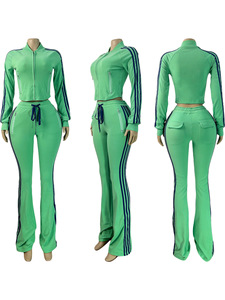 E5067-Комплект из двух предметов: повседневный вельветовый костюм для женщин, топ с длинным рукавом на молнии и расклешенные брюки в полоску - Product Image 5