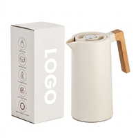 Logo Kustom Minimalis Gagang Kayu Alami 304 Stainless Steel Dinding Ganda Vacuum Insulated Coffee Pot dengan Tutup Tekan Satu Sentuhan