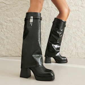 Bright Color Wide Fit Large Size 48 Women Square Toe Overlay Shoes Lady Lock Shark Booties Chunky Heels Knee High <b>Boots</b> - Product Image 3