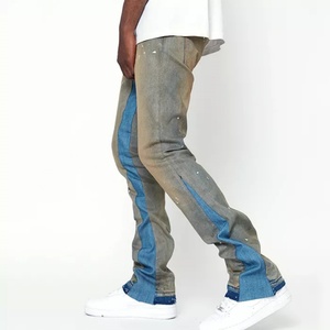 Custom Blue Vintage Fashion Design Distress Hole Flare Fit Blue <b>Jeans</b> Graffiti Paint Splatter <b>Elastic</b> Men <b>Jeans</b> Manufacturers - Product Image 4