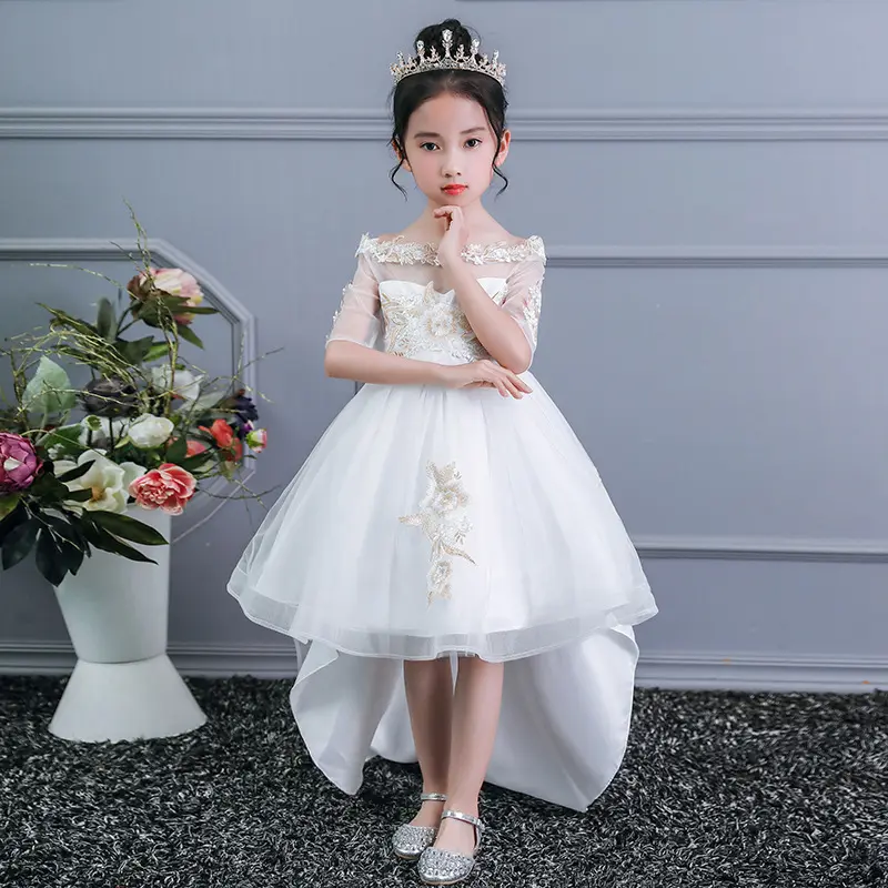 中国風の新しいデザインの女の子の短いと長い結婚式の花嫁のドレス3〜5年の小さな女の子のための白い群れ2099