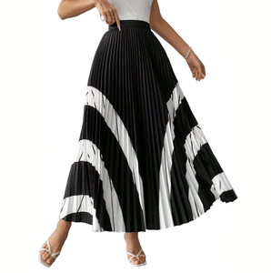 Falda Maxi Plisada a Rayas Blancas y Negras de Cintura Alta Elegante para Mujer, Estilo Casual <span class=keywords><strong>en</strong></span> Línea A <span class=keywords><strong>con</strong></span> Textura Satinada, Ideal para Oficina y Fiestas - Product Image 1