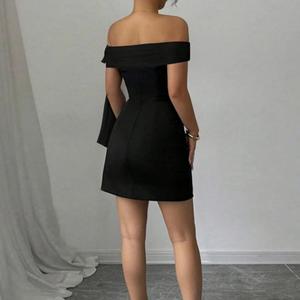 <span class=keywords><strong>Abito</strong></span> Mini Bodycon da Donna Sexy ed Elegante con <span class=keywords><strong>Spalle</strong></span> <span class=keywords><strong>Scoperte</strong></span> e Maniche Drappeggiate, Nero <span class=keywords><strong>in</strong></span> <span class=keywords><strong>Maglia</strong></span> Traspirante, per Feste Primavera/Estate - Product Image 4