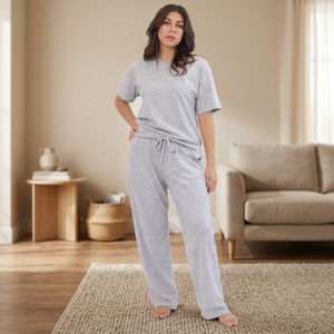 Heather Grey Fluid Knit Modal Women's Short-Sleeved 2-Piece <b>Pyjamas</b> Set Casual XXL Size Custom Comfortable Breathable Drawstring - Product Image 3