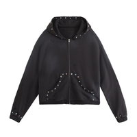 Sweat-shirt à capuche zippé noir délavé pour homme, avec rivets métalliques, coupe courte et ample, en coton, style streetwear, logo personnalisé