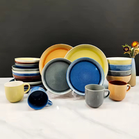 Nouveaux ensembles de vaisselle de table en grès de style chinois, 16 pièces, assiettes à dîner en céramique à glaçure réactive, plats et assiettes pour la fête