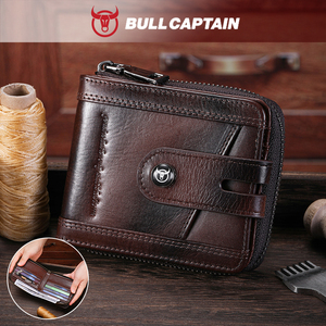 BULLCAPTAIN Genuine Leather Men's <b>Wallet</b> with Zipper Vintage <b>RFID</b> <b>Blocking</b> Large Capacity Credit Card Slots Zipper Coin Pocket - Product Image 1