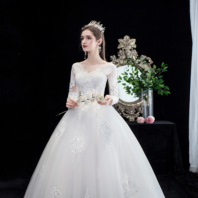 long sleeve mid length wedding dress A-line Pearl Wedding Dress,Long Sleeve Tea Length Wedding Reception Dress,WD00863, US20W / White