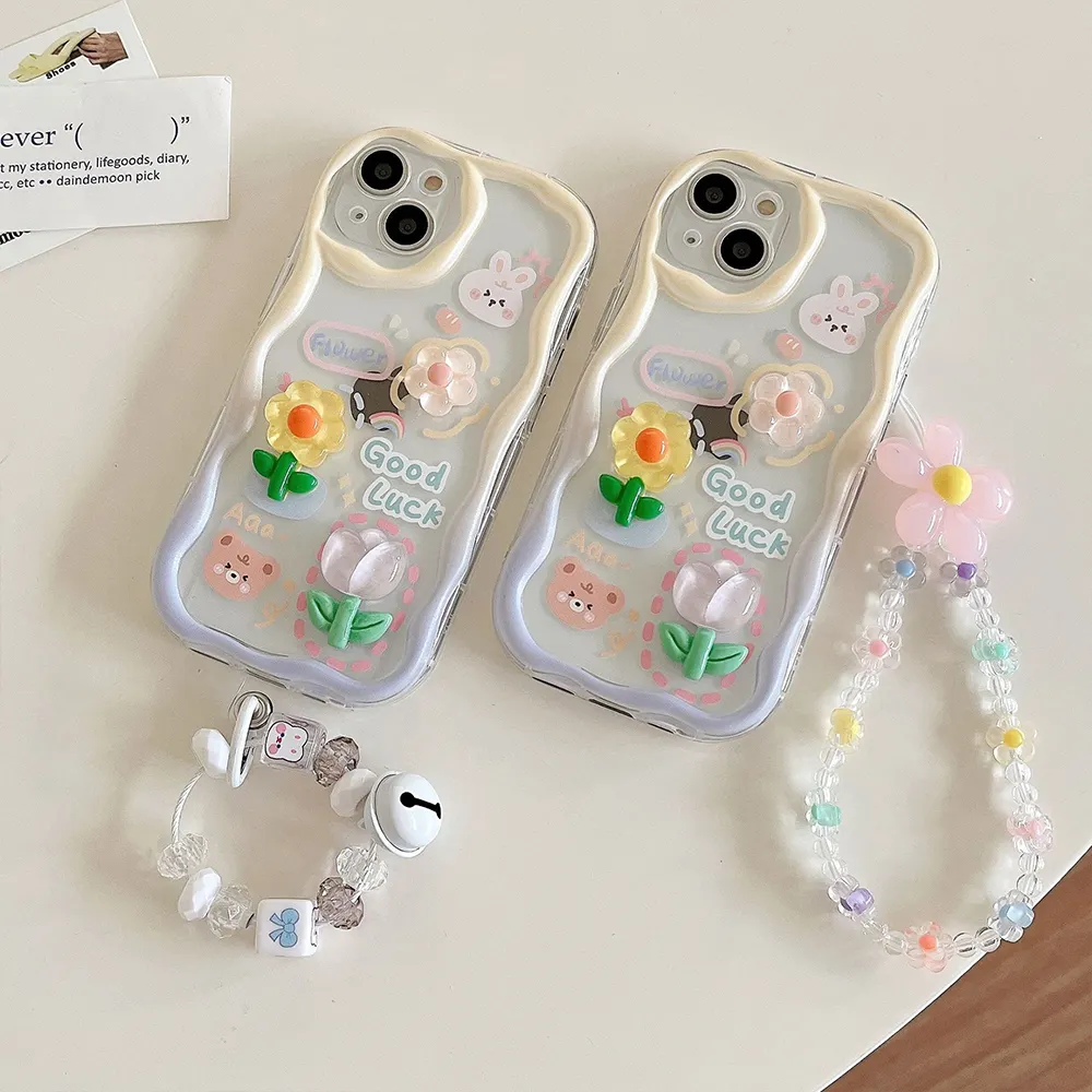 Nuevo estilo para funda de iPhone 3D Flower Design Glitter Pretty Crystal Sparkle Sparkly Cute Phone Cases Funda protectora + Chain-Clear