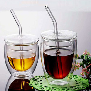 Gobelet en verre à double paroi avec couvercle et paille, vaisselle isolante pour café, thé, jus, cola, usage domestique, couleur unie YH 346 - Product Image 3