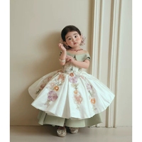 Robe de fête formelle pour filles, robe de princesse en satin imprimé avec applications, robe en coton fleuri pour filles