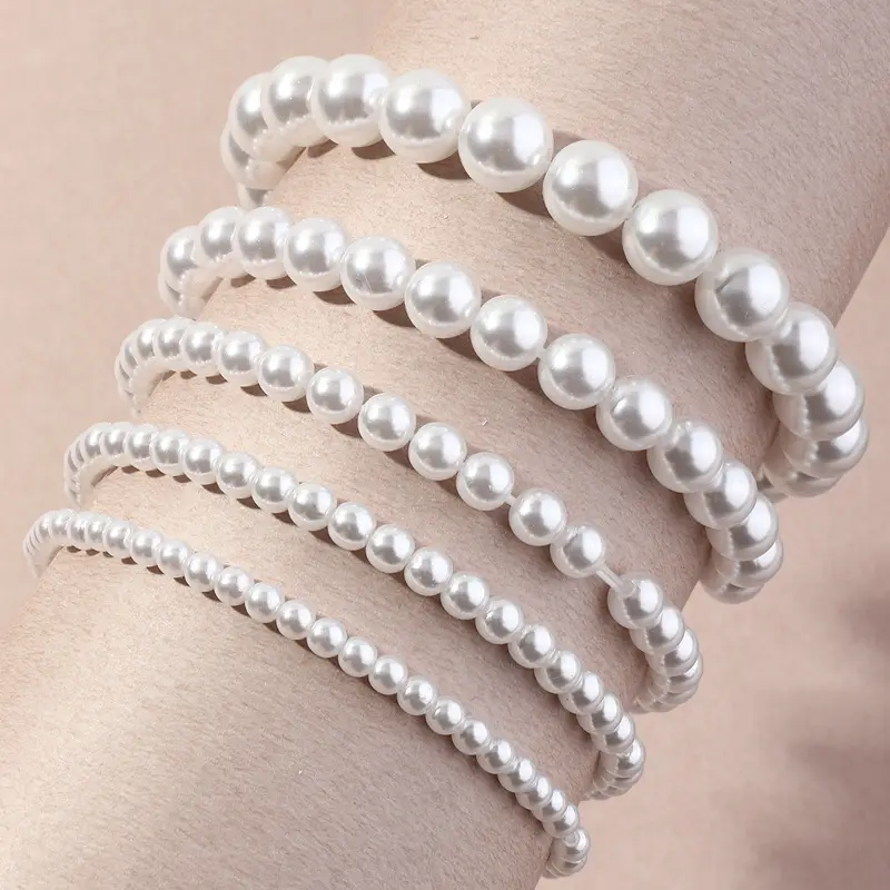 Große und kleine Perlen Perlen Armband Set Stretch Weiß Mehr schicht Imitation Pearl Armband für Frauen