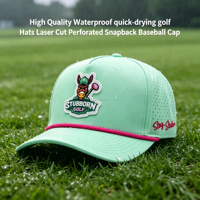 Casquette de baseball en polyester imperméable à 5 panneaux avec logo en caoutchouc PVC OEM, perforations découpées au laser et corde hydro-perforée, idéale pour le sport et le golf.
