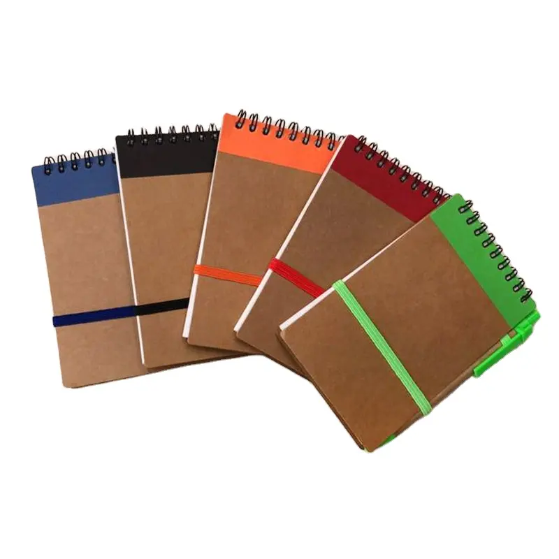 Custom Logo Pocket Kraft Paper Cover Notepad Spiral Memo Pad With Pen And Elastic Band