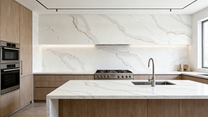 Dalle de quartz Calacatta Gold de luxe pour îlot de cuisine avec cascade, veinage spectaculaire, finition polie haute brillance, pierre artificielle - Product Image 4