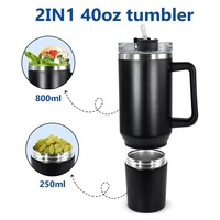 Gobelet isotherme en acier inoxydable de 40 oz à double compartiment avec poignée, fond amovible séparé, pour le camping, le rangement des collations et comme tasse de voyage