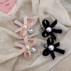 Korean style <b>bow</b> rhinestone hair <b>clip</b> for women, imitation pearl, fresh and cute, side bangs <b>clip</b>, duckbill <b>clip</b> hair accessory. - Product Image 1