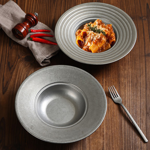 Vintage Italian Pasta Plate Deep Dish Round Stainless Steel Western Tableware For Party And Everyday Use - Product Image 1