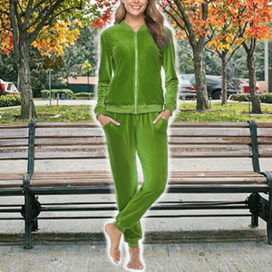 Conjunto Deportivo de Terciopelo Verde Sólido para Mujer, Chaqueta con Cremallera de Manga Larga y Bolsillos Laterales, Ropa Casual de Invierno - Product Image 2