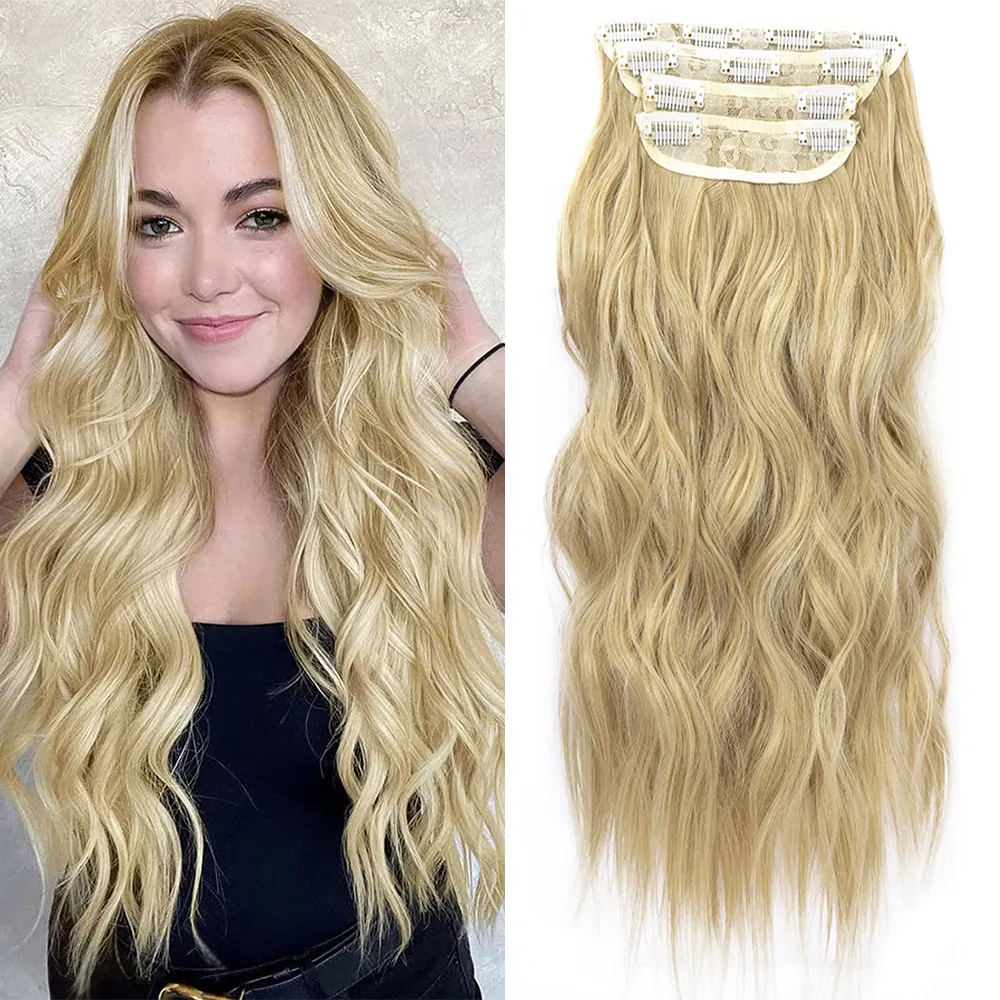 AliLeader 20 Inches Long Wavy Hair Pieces Ombre Blonde Thick Hairpieces 4pcs/Set Synthetic 11 Clips In Hair Extensions for Women