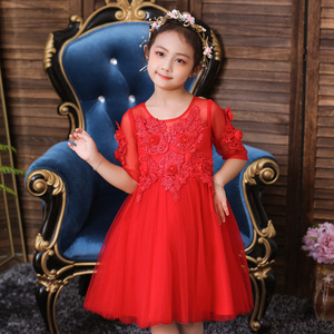 Vestido de tul rojo para niñas, cuello redondo, línea A, encaje, disfraz de princesa, vestido de niña de las flores - Product Image 3