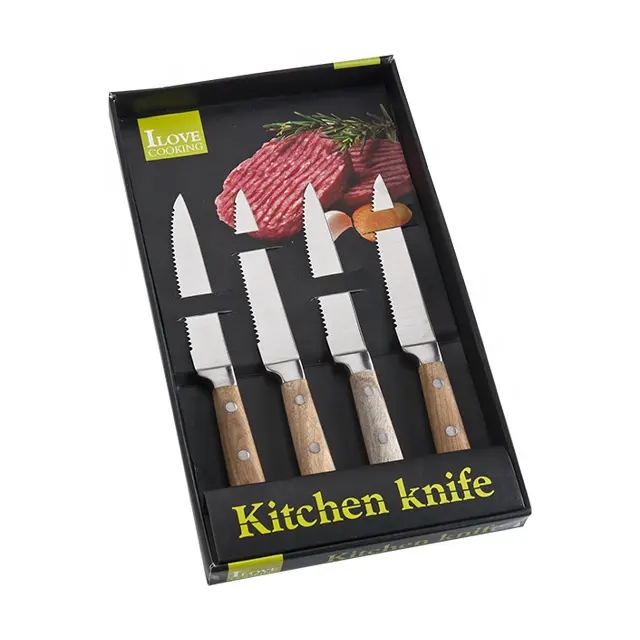 Conjunto de faca de cozinha japonesa 3CR14 Chef com cabo oco, 4 peças de madeira e acácia profissional de aço