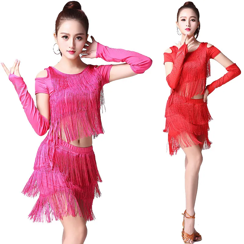 Women's sexy Latin dance double shoulder wishbone training Costumes set with long cuff