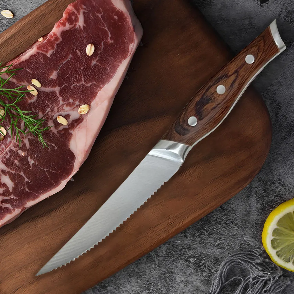Design classique manche en bois Pakka 4/6 pièces ensemble cadeau de couteau à steak en acier inoxydable
