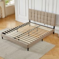 Cadre de lit en tissu de lin capitonné, lit plateforme rembourré beige avec tête de lit boutonnée, lattes en bois robustes, taille King/Queen