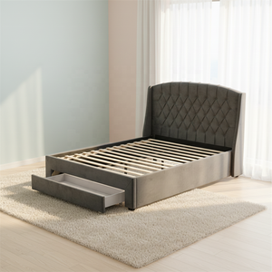 Lit rembourré de style simple de bonne qualité, boutons capitonnés, tête de lit incurvée, lit ottoman avec rangement, taille Queen - Product Image 3