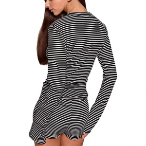 Factory Direct OEM Made Women's 2 Pieces Lounge <b>Set</b> Long Sleeve Stripe O-Neck T-Shirt & <b>Sexy</b> Hot Pant Shorts 240 GSM 100% Cotton - Product Image 3
