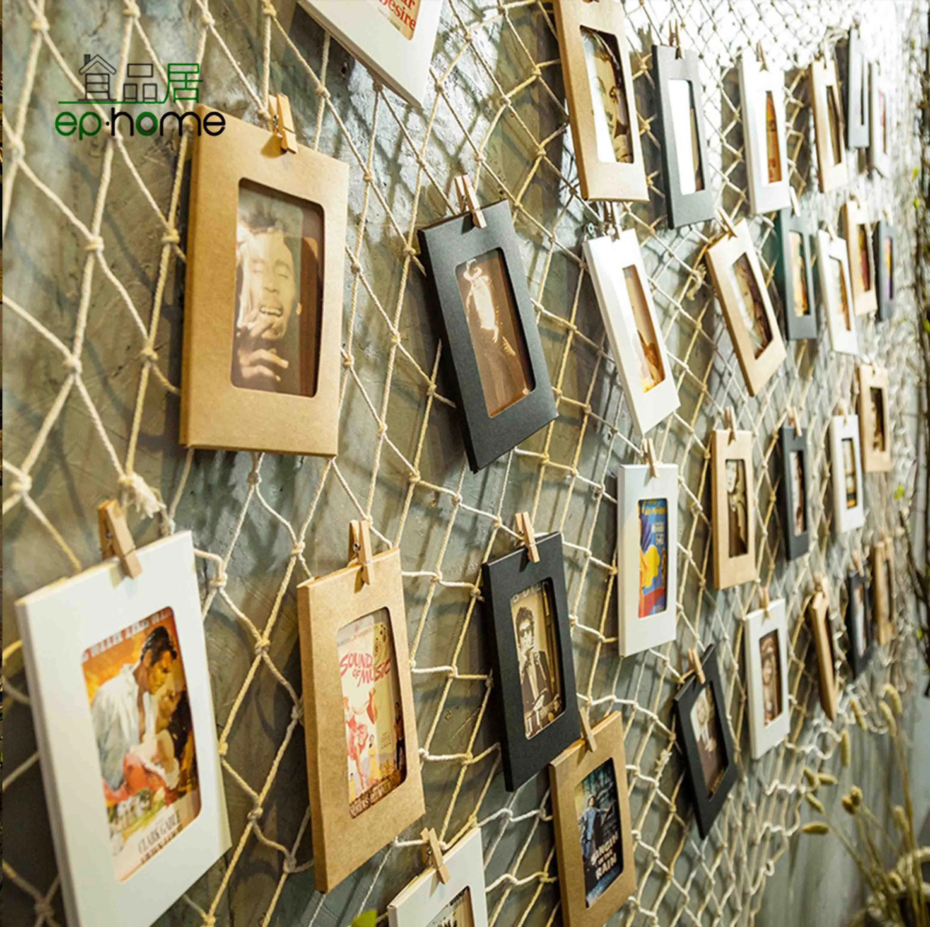 DIY Creative Retro Kraft Paper Picture Mats Hanging Album Frame with Clips Hemp Ropes Fishing Net for Wall Decoration