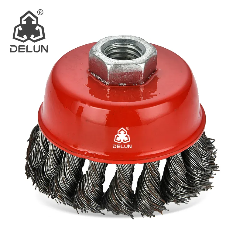 DELUN custom made 3 Inch carbon steel twisted knotted cup polishing wire brush manufacturer