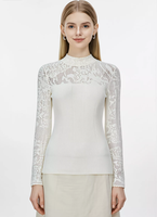 Haut en tricot côtelé à col montant et volants pour femme, coupe ajustée, manches longues, ajouré, idéal pour superposer
