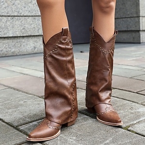 Bottes de chevalier pour femmes avec rivets métalliques, bottes longues à hauteur du genou style cowboy, chaussures à talons épais style western pour femmes - Product Image 4