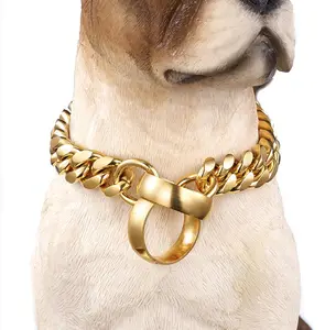 قلادة الكلب الأكثر مبيعًا 14 من الفولاذ المقاوم للصدأ عيار 18 قيراط ذهبية من الزركون سلسلة كوبية بمشبك طوق كلب