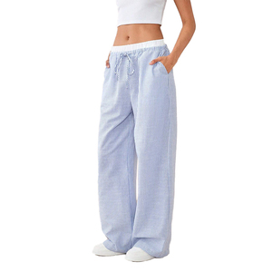 Pantaloni da <span class=keywords><strong>Donna</strong></span> a Vita Media con Logo Personalizzato, Casual Primaverili in <span class=keywords><strong>Lino</strong></span>/Cotone, Gamba Larga, <span class=keywords><strong>Blu</strong></span> a Righe, Taglie Forti - Product Image 1